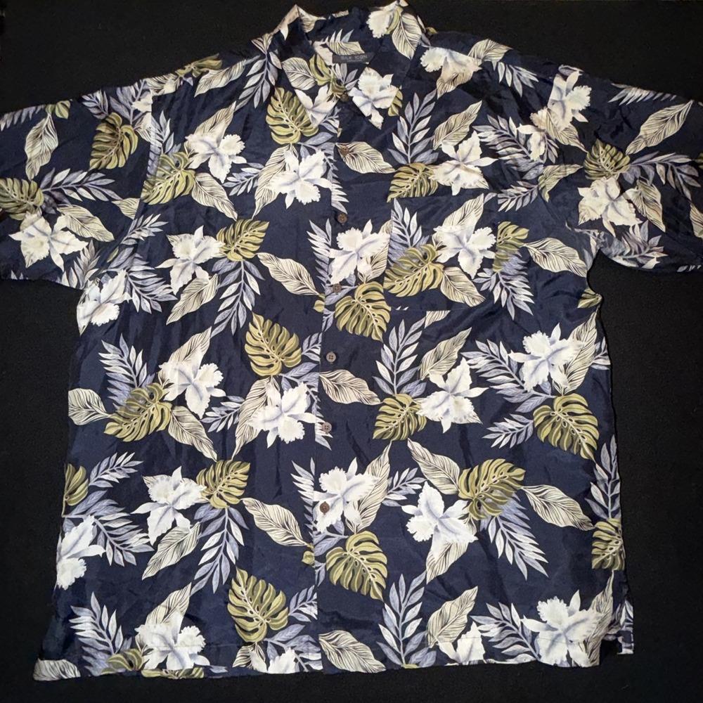 Silk Icon Blue Floral Silk Collared Casual Hawiian Button Down Mens XXL